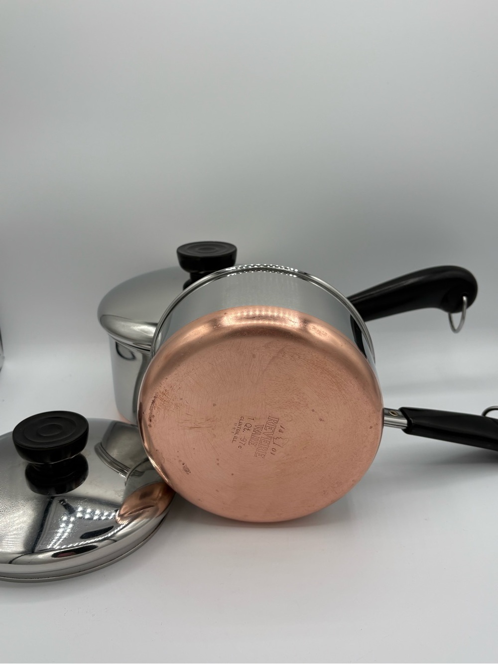 Vintage Revere Ware Copper Bottom Saucepan Set 1 & 1.5 Qt w/Lids USA
